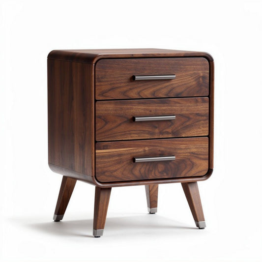 Table de chevet en bois de noyer avec trois tiroirs et pieds en métal 50 x 40 x 60cm
