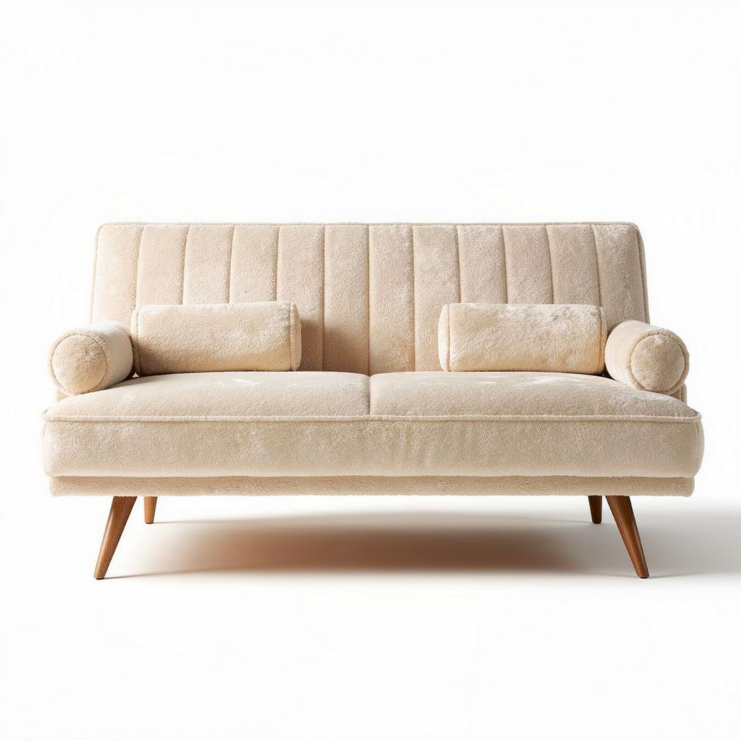 Canapé design classique en tissu beige avec coussins intégrés et pattes en bois 180 x 85 x 75cm