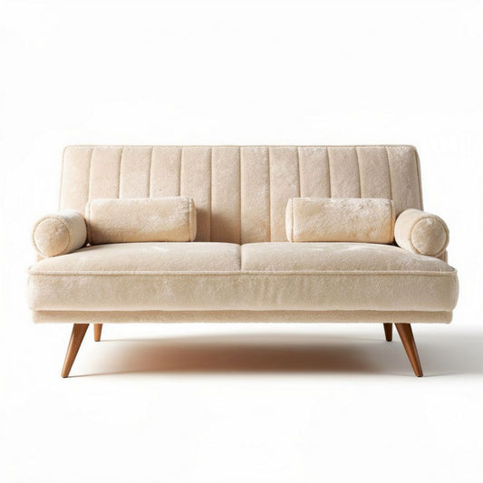 Canapé design classique en tissu beige avec coussins intégrés et pattes en bois 180 x 85 x 75cm