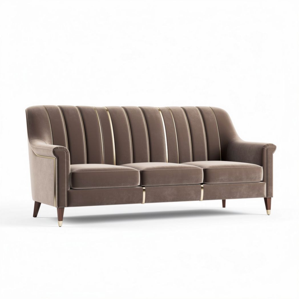 Canapé en velours brun 180 x 85 x 75cm avec lignes dorées et pieds en bois