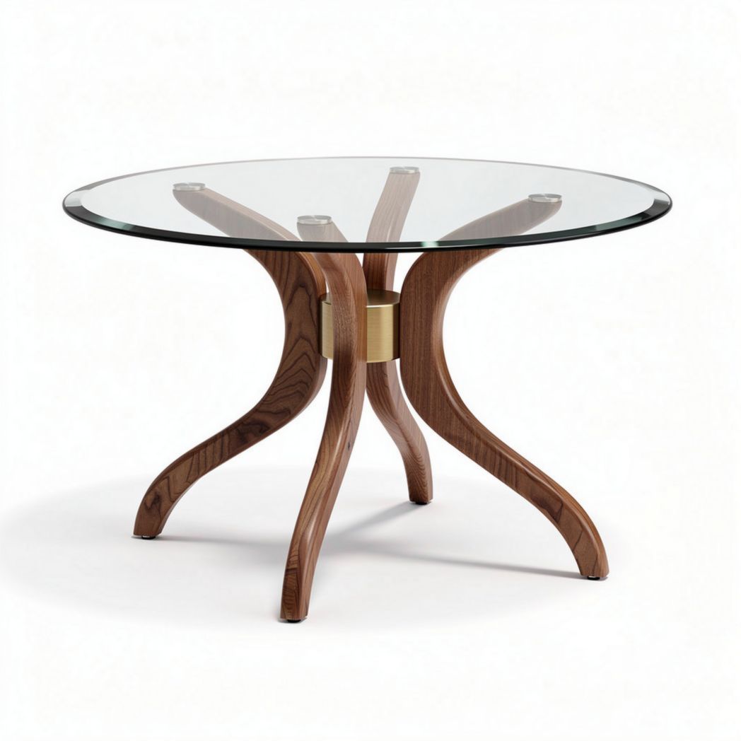 Table ronde en verre avec pieds en bois de noyer 90 x 90 x 75cm
