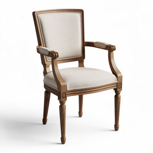 Chaise en bois avec accoudoirs et tissu beige dimensions 45 x 55 x 90cm